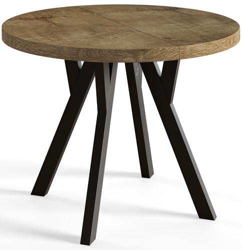 AlpiMeble Runder Esszimmertisch OVO, ausziehbarer Tisch Durchmesser: 120 cm bis 220 cm, Wohnzimmertisch Farbe: LEFAKS, mit Holzbeinen in Farbe Schwarz