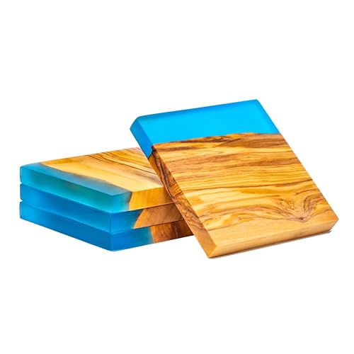 Erreke Untersetzer Gläser, Set mit 4 Holzuntersetzer aus Natürlichem Olivenholz und Epoxidharz, Untersetzer Holz, 10x10x1.2 cm, Blau Farbe