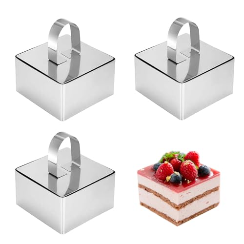 EnixwH 3 Stück Dessertringe und Speiseringe, 8 cm Servierringe Edelstahl, Speiseringe Lebensmittel Ringe, Tortenring in Hochwertiger, Stampfer und Mousse Schablonen für Kochen Backen (Quadrat)