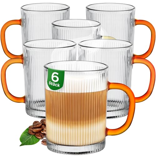 KONZEPT Geriffelte Latte Macchiato Gläser mit Henkel, 6er Set, Große Gerippte Teegläser, Kaffeegläser 350 ml, Ideal für Tee, Kaffee, Cappuccino, Eiskaffee