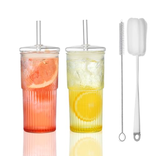 VITEVER 600ML Bubble Tea Glasbecher mit Deckel und Strohhalm，2 Pack High Borosilicate Glas Longdrinkglas Set für Eiskaffee Saft Smoothie Wasser Tee, Transparente gestreifte Glas-Wasserbecher