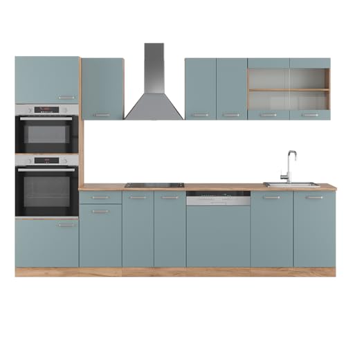 Vicco Küchenzeile R-Line, Blau-Grau/Goldkraft Eiche, 300 cm mit Hochschrank, ohne Arbeitsplatte