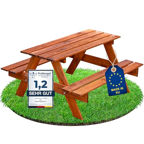 ITA Kindersitzgarnitur aus Holz - Kinder Picknicktisch mit 2 Bänken - Kinder Sitzgruppe für Indoor & Outdoor - Qualität direkt vom Hersteller - Made in EU, Farbe:Braun