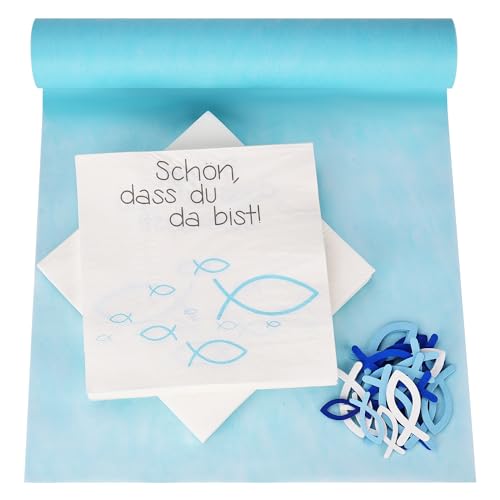 KWODE Taufe, Kommunion, Konfirmation, 40 Servietten & 72 Stücke Holz Fische Deko, Taufe Tischläufer (30 cm x 10 m), Partygeschirr Blau Weiß Lchtus Fische Partyzubehör Dekoration für Festliche Anlässe