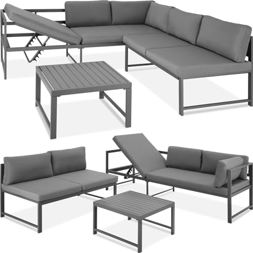 tectake® Aluminium Gartenmöbel Set, 6-Fach verstellbare Rückenlehne, Outdoor Lounge mit frei gruppierbaren Elementen, wetterfest, rostfrei, extradicke Wasserabweisende Kissen, Lamellen Tisch, grau