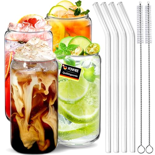 4 Stück Gläser Dosenform, 500 ml Glas mit Strohhalm, Glas mit Deckel und Strohhalm, longdrinkgläser, Eiskaffee Gläser, Cocktailgläser Trinkgläser mit Strohhalm, für Bier, Smoothie,Milchshake,Geschenk