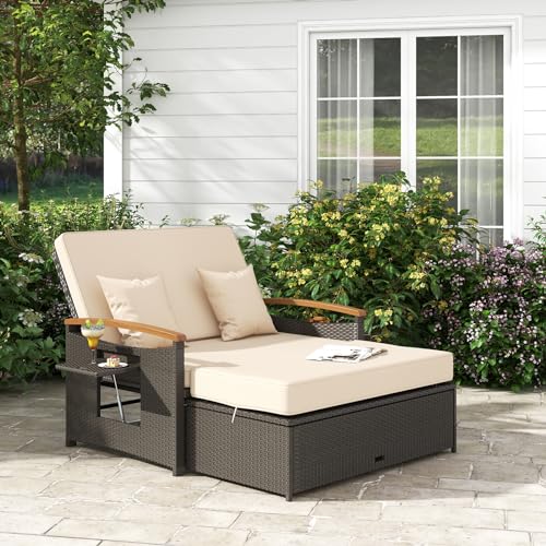 GIANTEX Rattan Lounge Möbel Set Outdoor, Rattan Sofa 2 Sitzer mit Schlaffunktion, Gartensofa mit Hocker, Garten Doppelliege mit Seitenablagen, Gartenlounge Loungebett platzsparend mit Stauraum