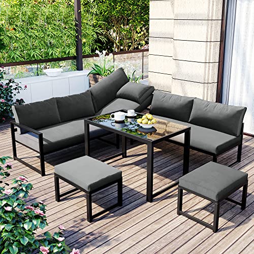 Idemon Gartenlounge-Set, Aluminium Sitzgruppe für Garten Balkon, mit Liegefunktion, Vierter Gang verstellbare Rückenlehne, Tisch mit Sicherheitsglasplatte, inkl. weiche Sitz- und Rückenkissen, Grau