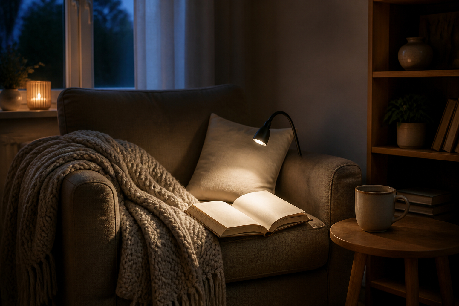 Stimmungsvolle Leseecke mit warmem Licht und Sessel