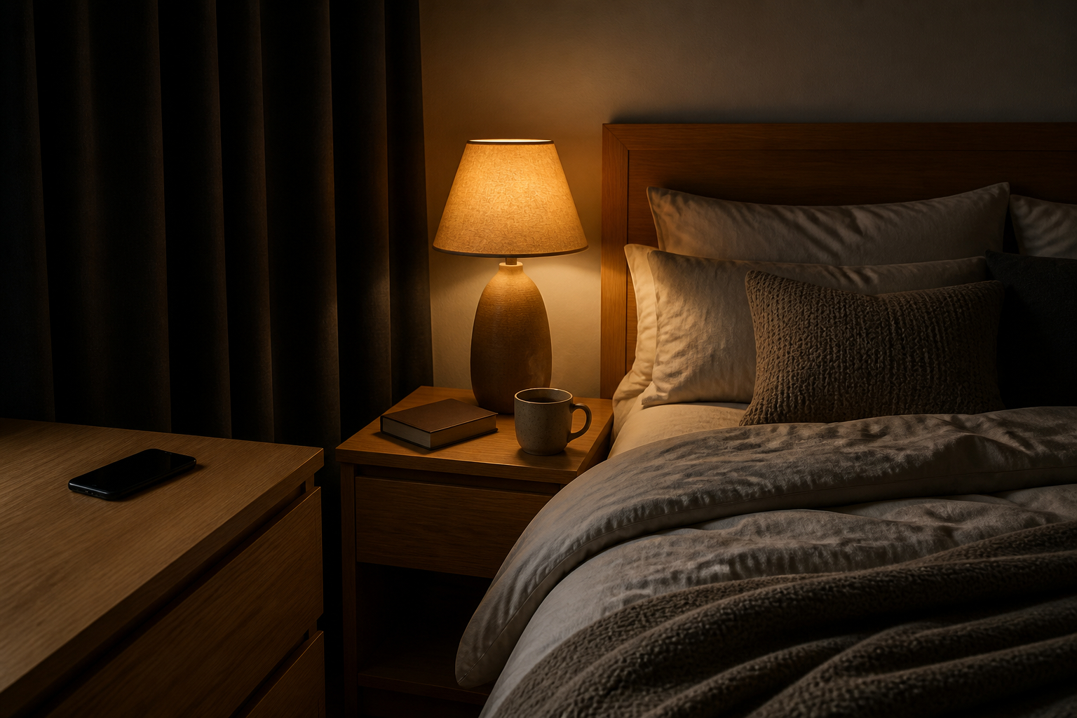 Beruhigende Abendroutine im Schlafzimmer mit warmem Licht