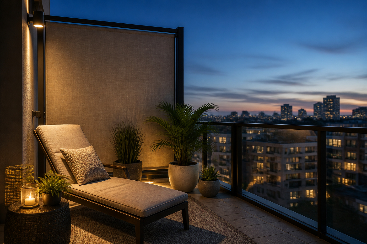 Privater Balkon mit flexiblem Seiten-Sichtschutz am Abend
