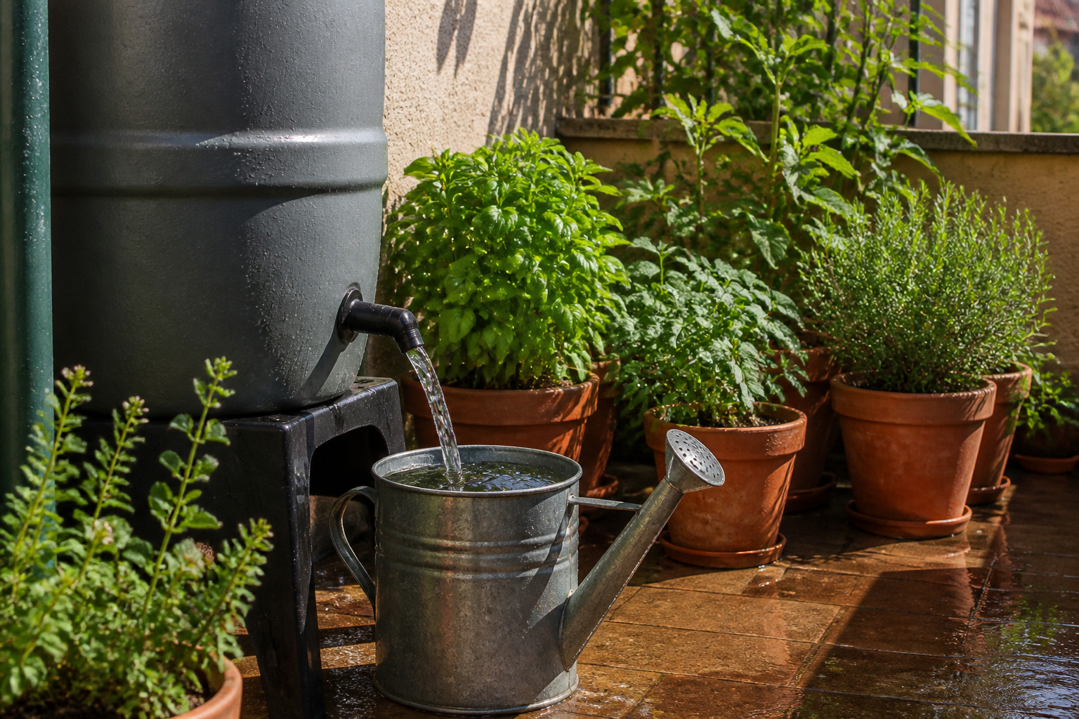 Pflanzen mit gesammeltem Regenwasser aus einer Regentonne gießen