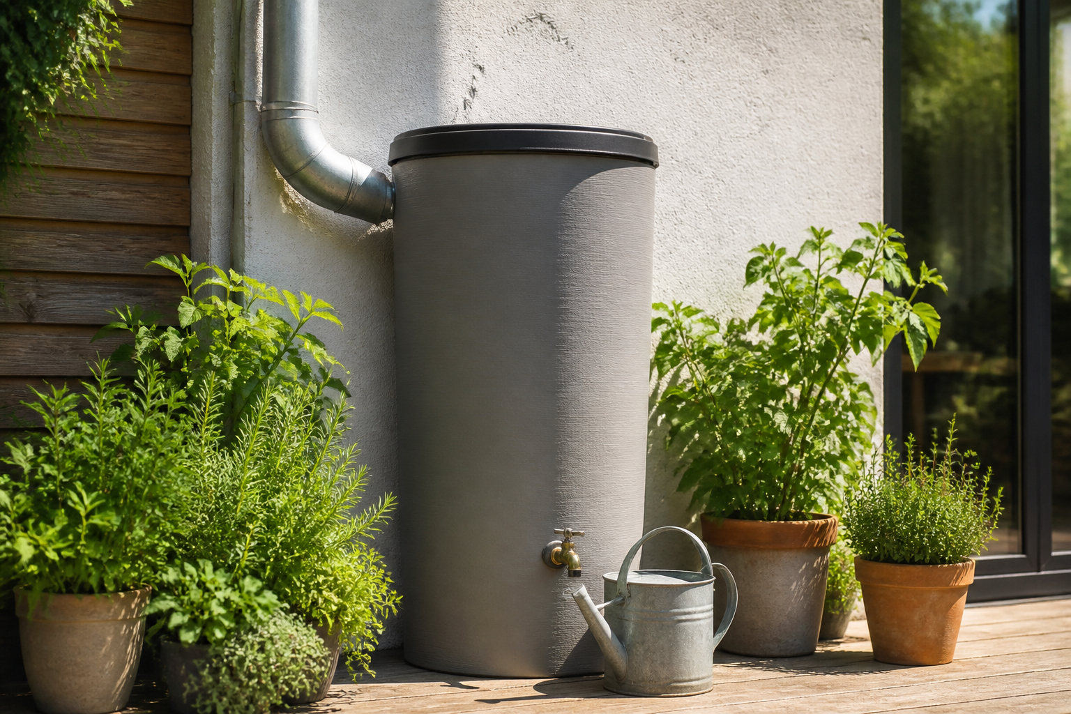 Schlanker Regenwassertank an der Hauswand auf einer Terrasse