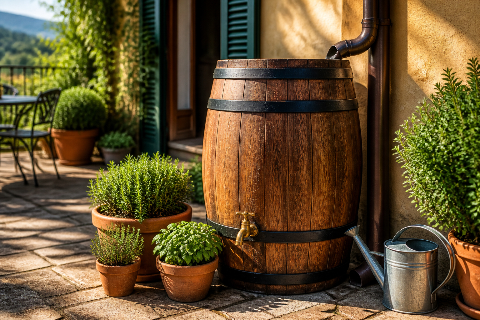 Dekorative Regentonne in Holzoptik auf einer mediterranen Terrasse