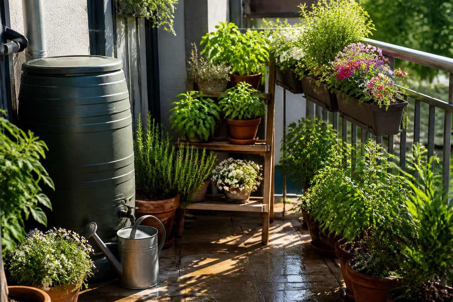 Regenwasser auf dem Balkon sammeln und Pflanzen mit der Gießkanne bewässern