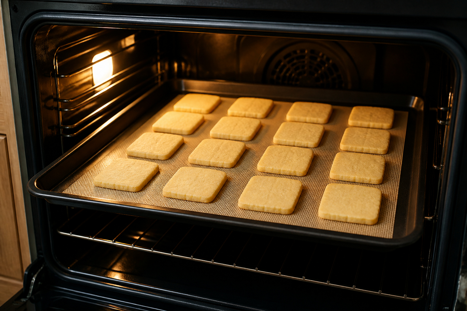 Mürbeteigplätzchen auf Backunterlage vor dem Backen