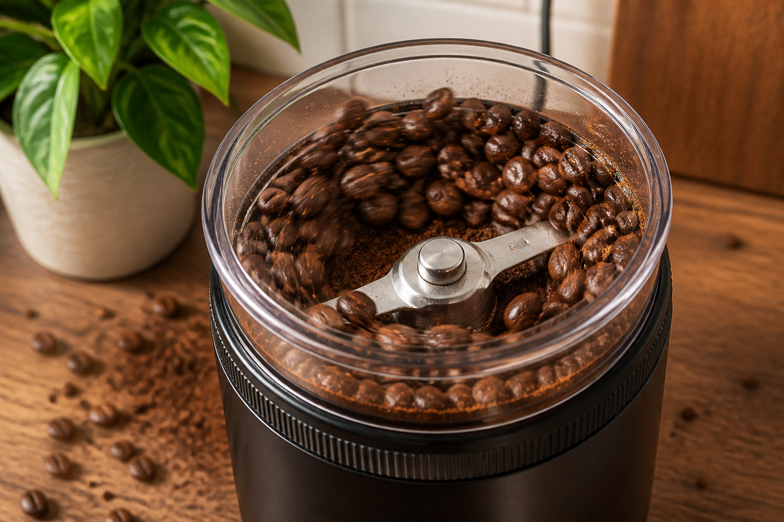 Elektrische Kaffeemühle mit Kaffeebohnen beim Mahlen