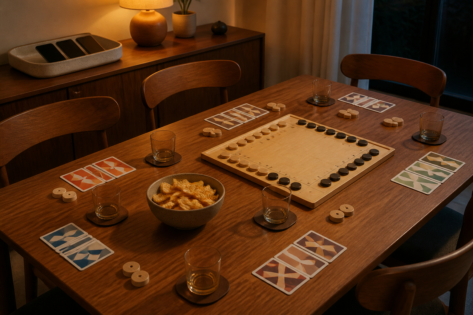 Familie beim analogen Spieleabend ohne Smartphones am Tisch