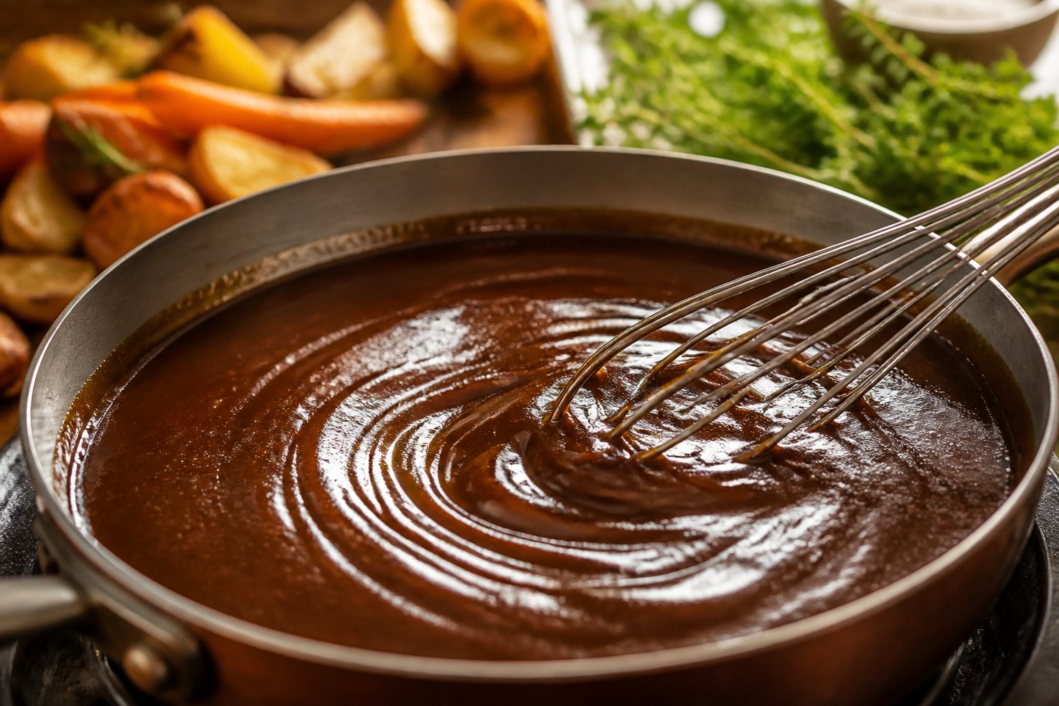 Dunkle Bratensauce wird klumpenfrei angerührt