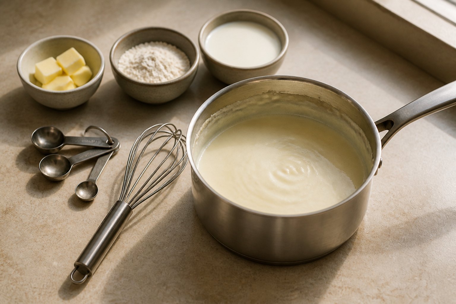 Helle Sauce mit Schneebesen und Saucenbinder in der Küche