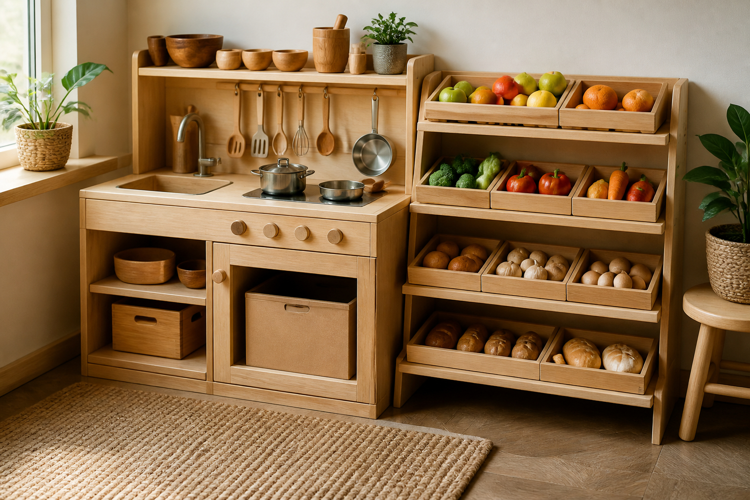 Aufgeräumtes Kinderküchen-Zubehör mit Spiellebensmitteln