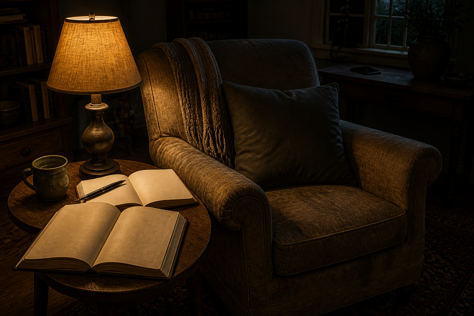 Ruhiger analoger Feierabend mit Buch und Tagebuch ohne Smartphone