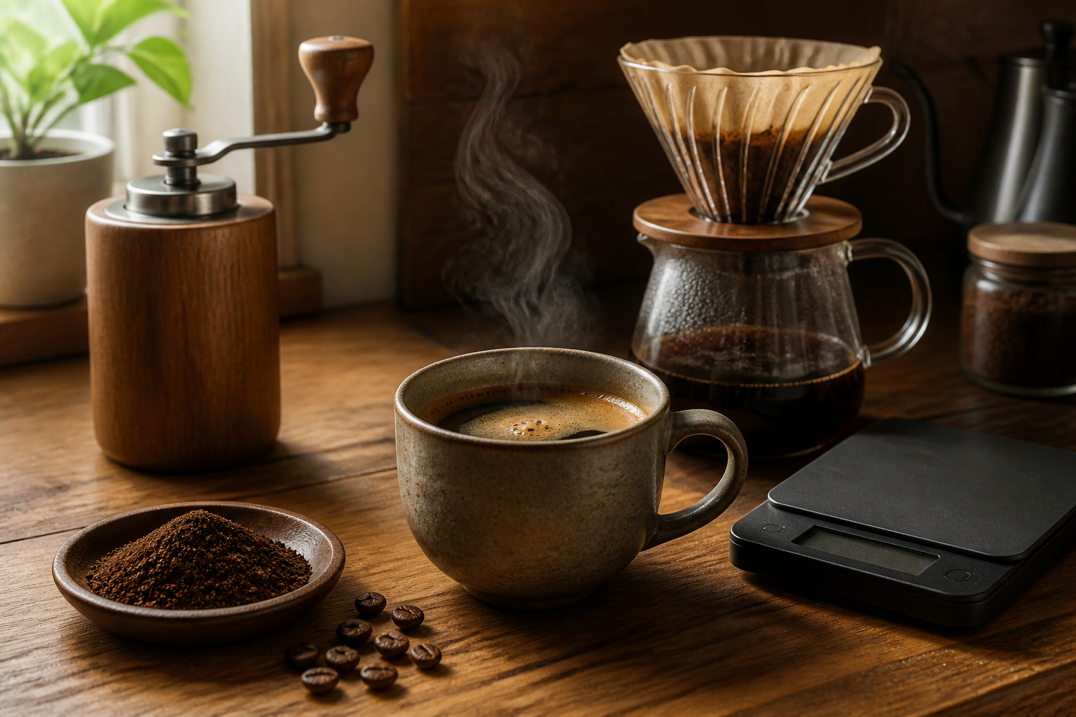 Kaffee-Ecke zu Hause mit Kaffeemühle und Filterzubehör