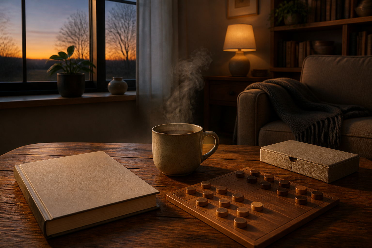 Analoger Feierabend mit Buch Tee und geschlossener Handybox