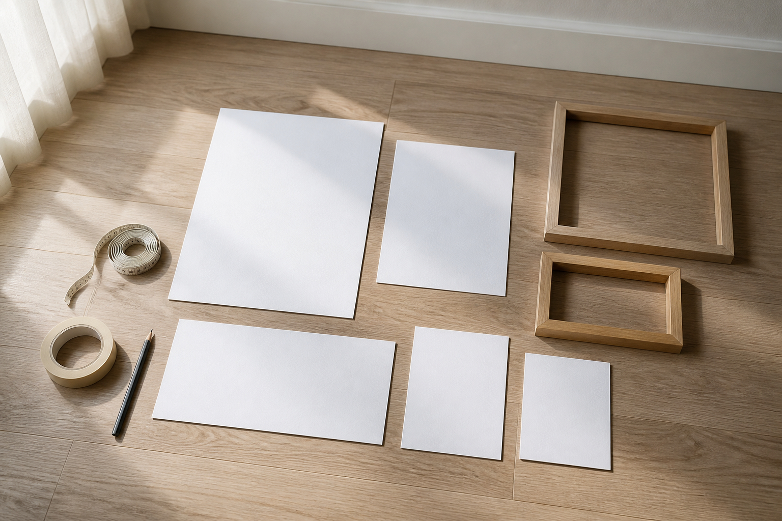 Bilderwand mit Papierformaten auf dem Boden planen