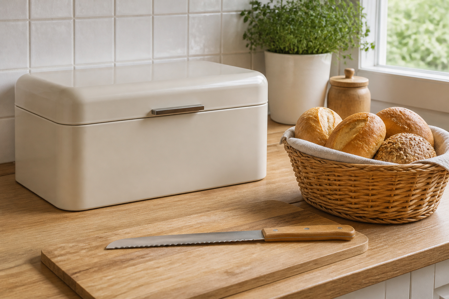 Hygienische Brotaufbewahrung mit Brotkasten und Brotmesser