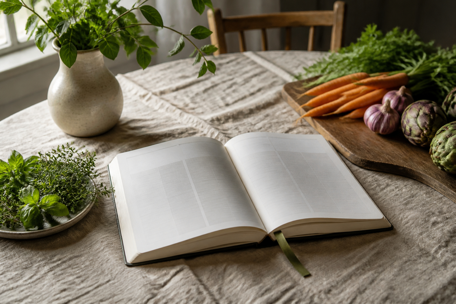 Sonntagstisch mit frischen Zutaten und Wochenplaner für entspanntes Kochen