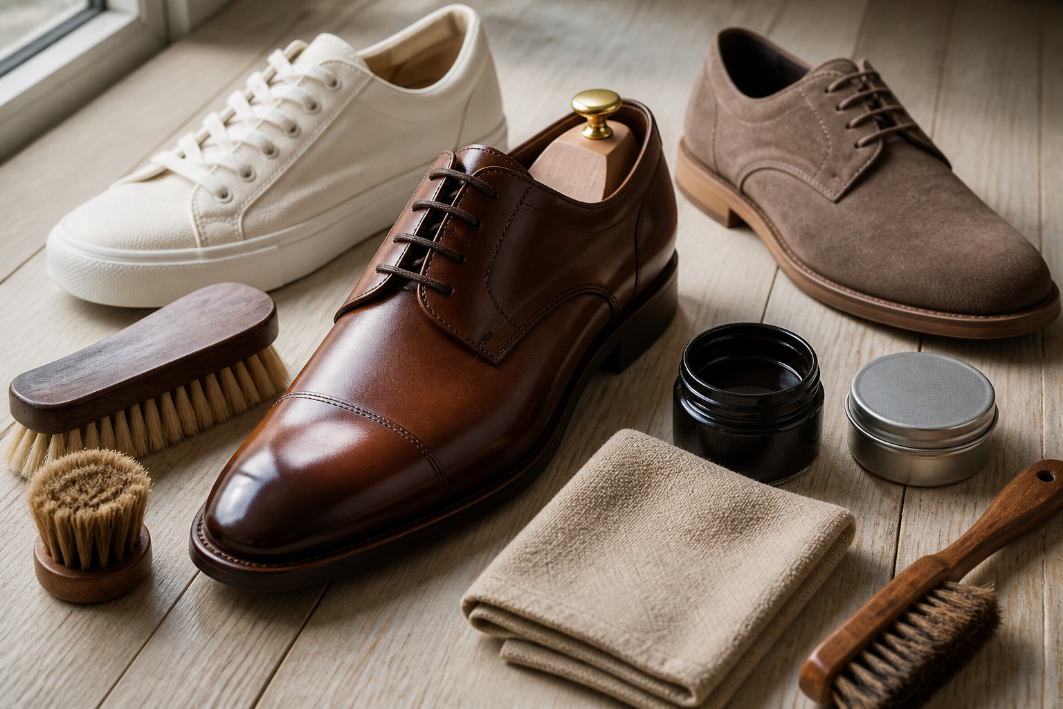 Schuhe und Bürsten für die richtige Schuhpflege verschiedener Materialien
