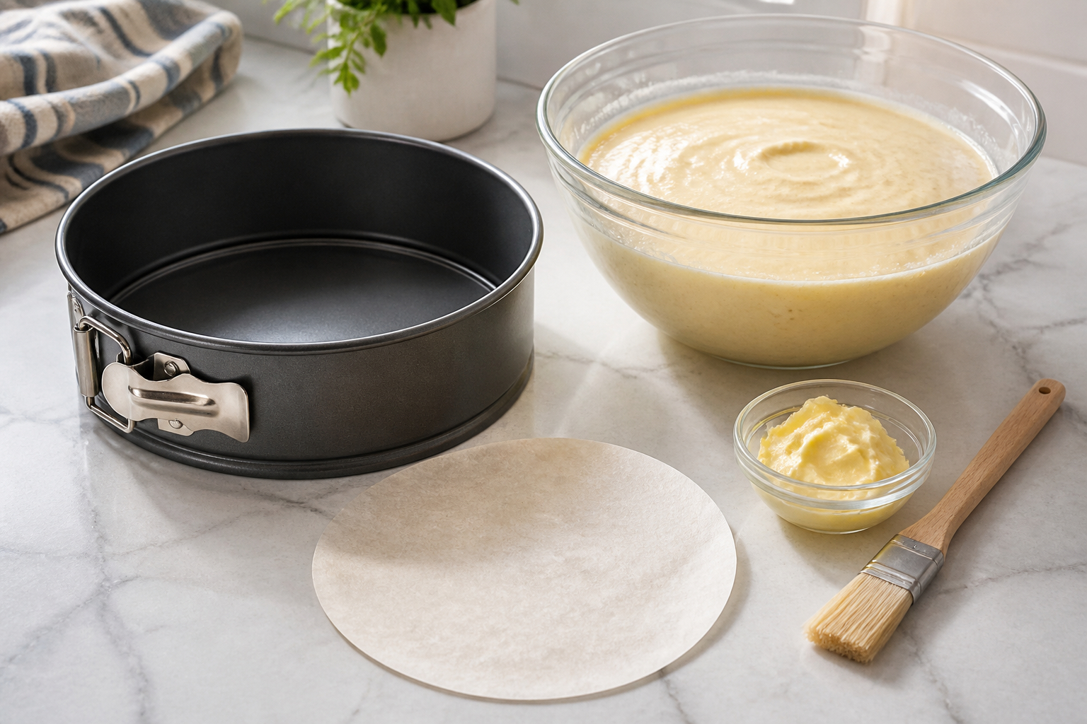 Backform mit Backpinsel und Backpapier für Kuchen vorbereiten