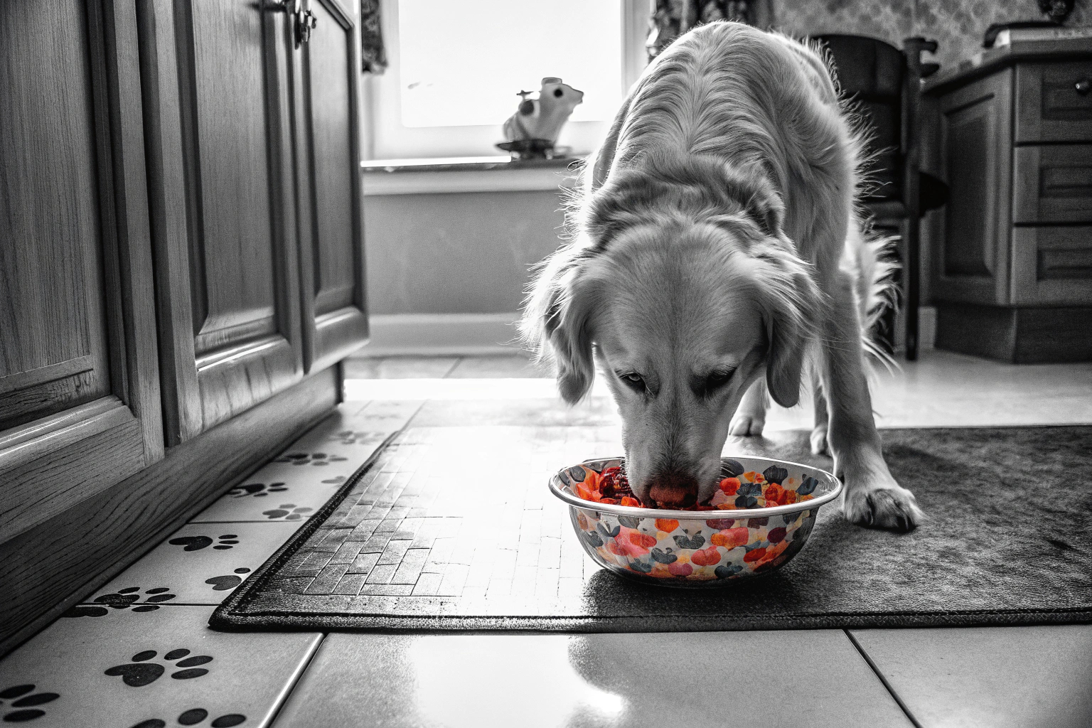 Hund frisst aus Napf auf Napfunterlage