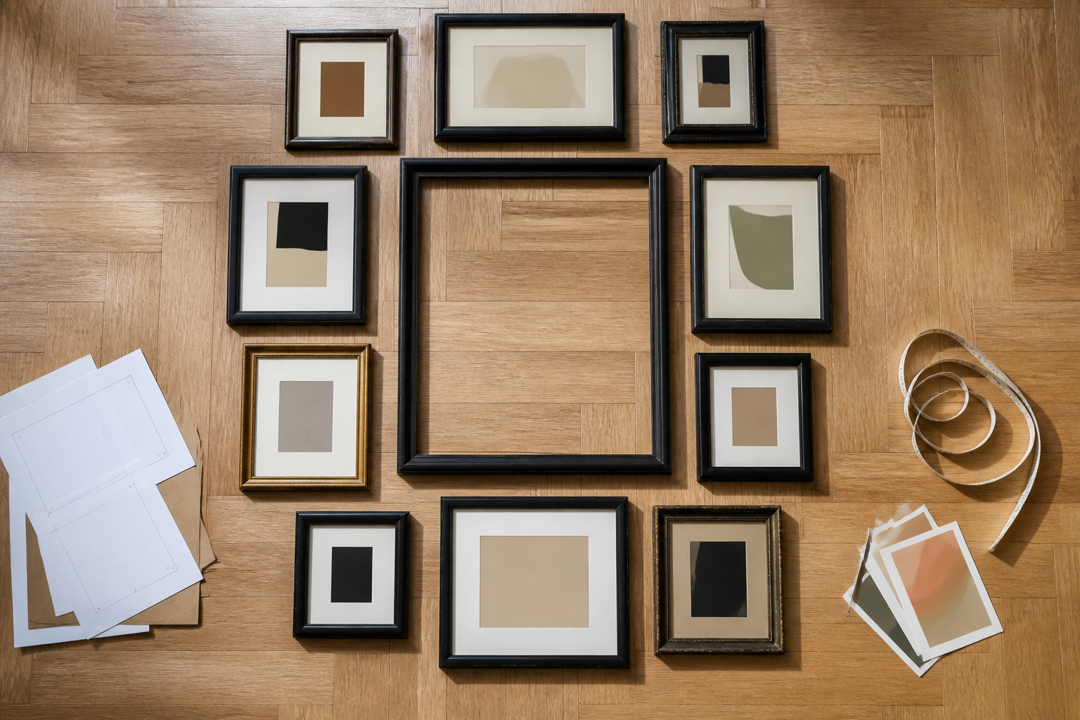 Bilderwand mit Secondhand-Rahmen auf dem Boden planen