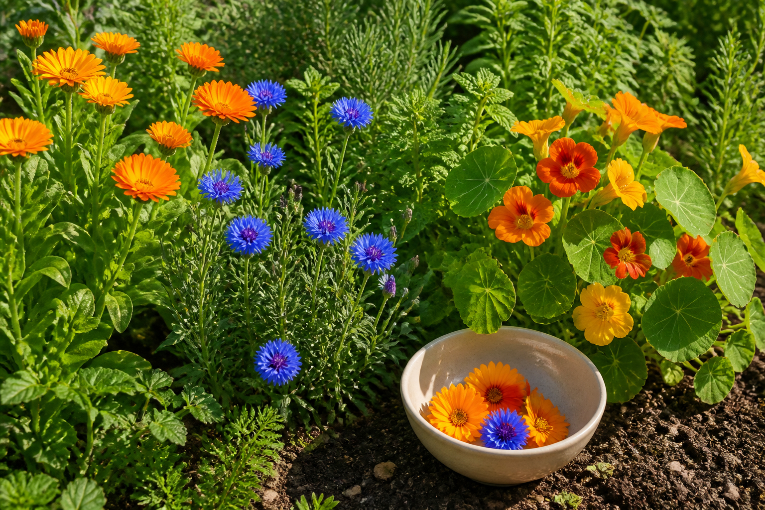 Essbare Blüten im Garten mit Ringelblumen Kornblumen und Kapuzinerkresse