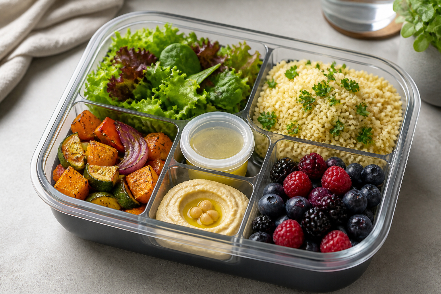 Meal Prep für die Lunchbox mit Salat Gemüse und Dressing