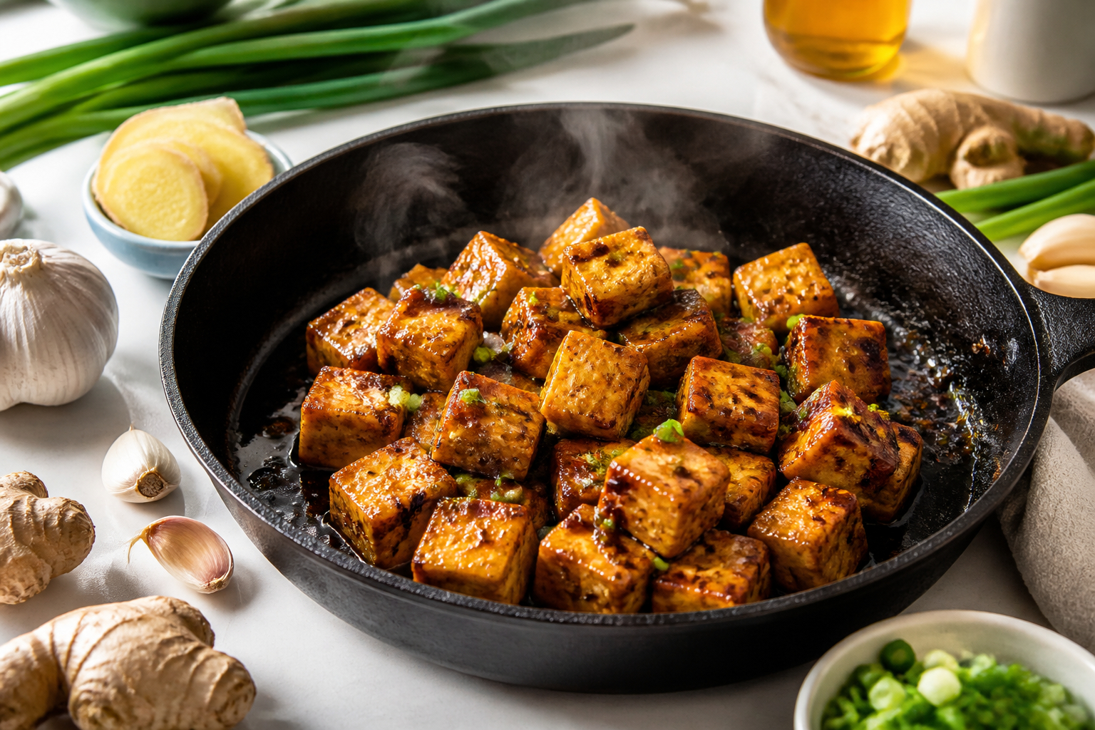 Tofu in heißer Marinade und Pfanne zubereiten