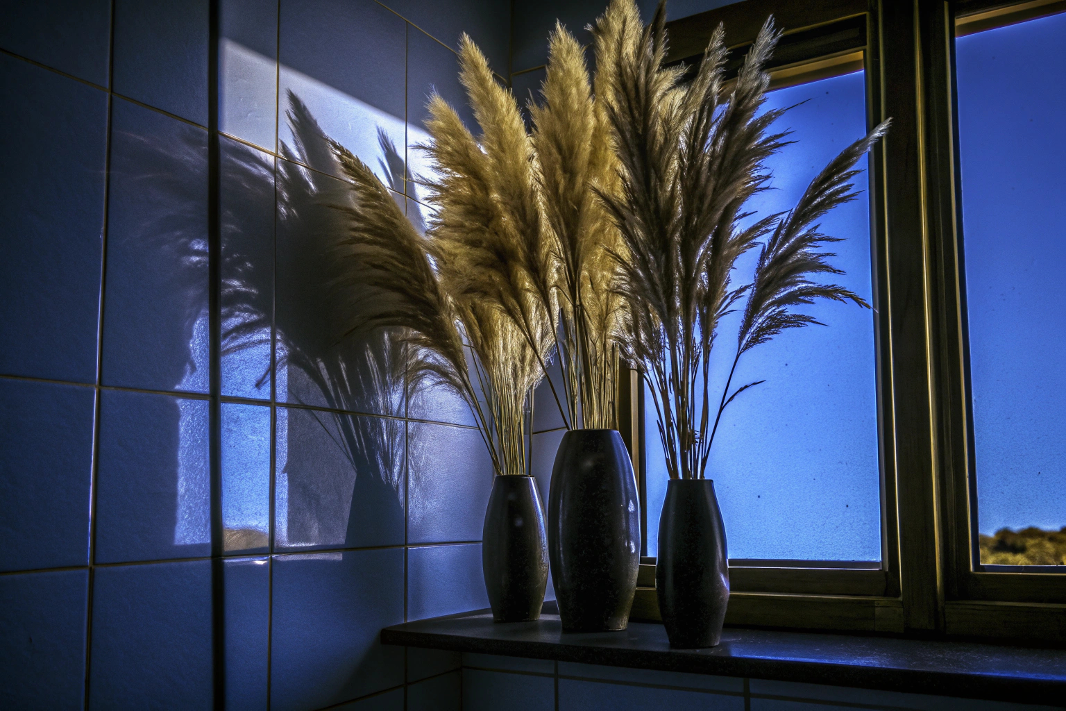 Vasen mit Pampasgras im Badezimmer