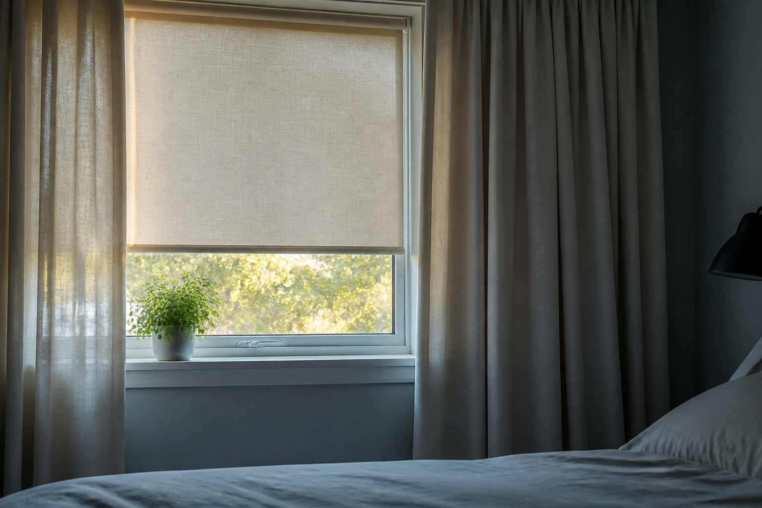 Sonnenschutz und Vorhang im Schlafzimmer gegen Sommerhitze