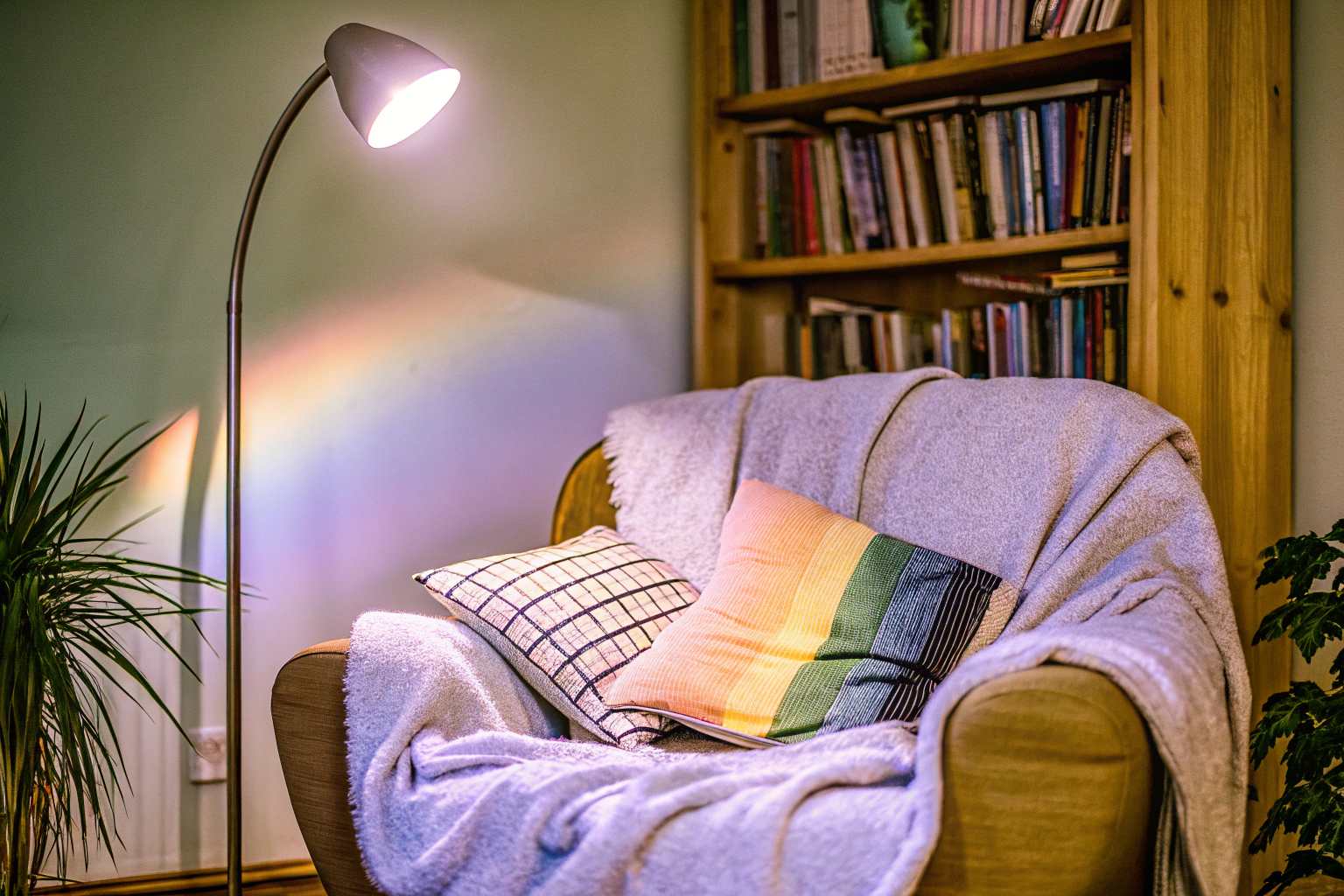 Gemütliche Leseecke mit Sessel und Stehlampe