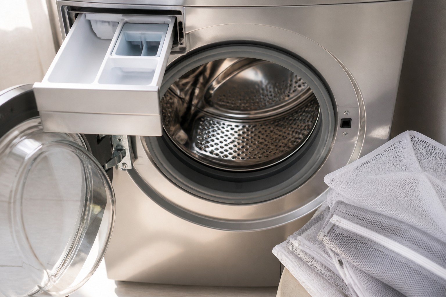 Saubere Waschmaschine und Wäschenetze für hygienische Wäsche
