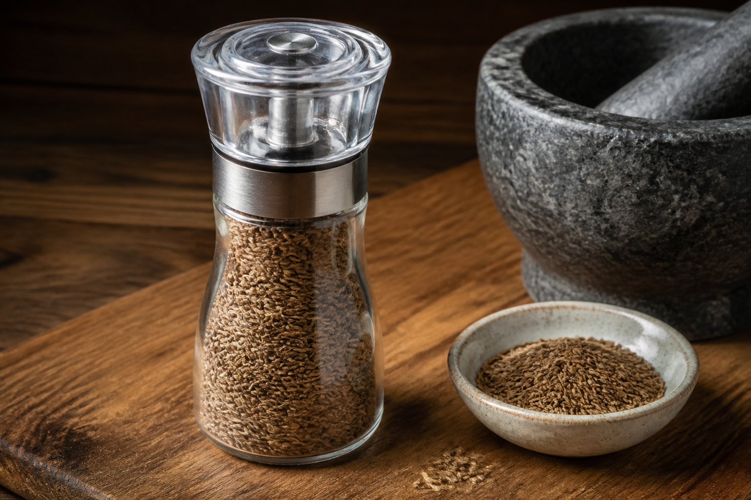 Kreuzkümmelsamen in eine Gewürzmühle füllen