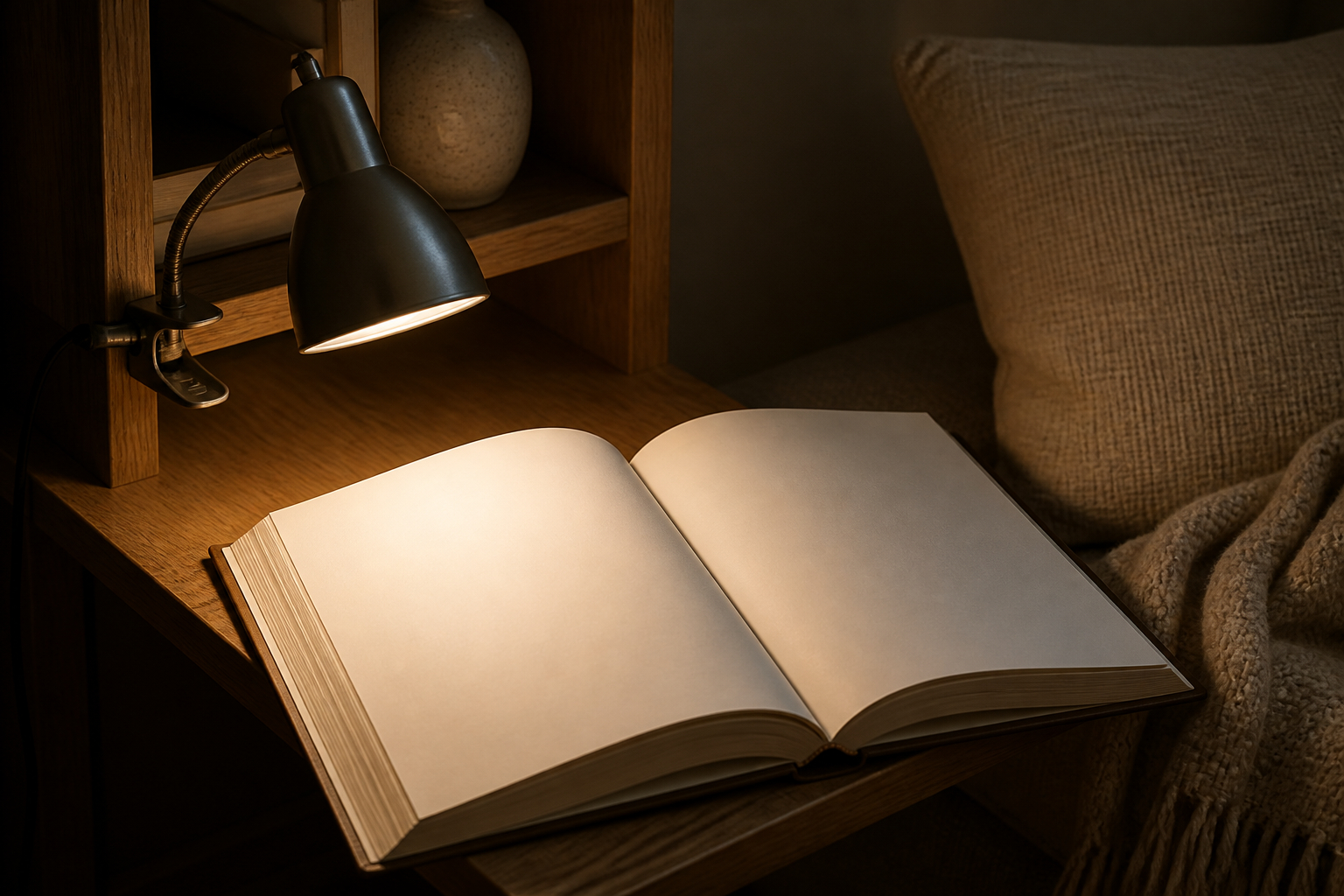 Klemmlampe beleuchtet Buch in einer gemütlichen Leseecke