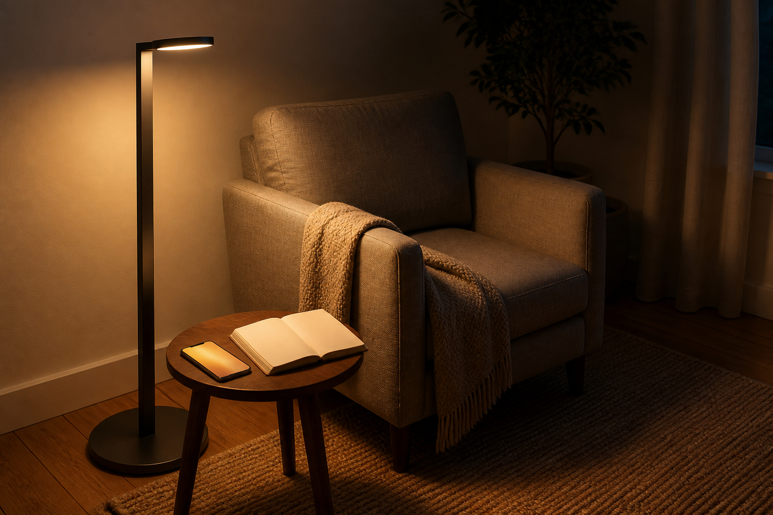 Smarte Stehlampe mit warmem Leselicht neben Sessel