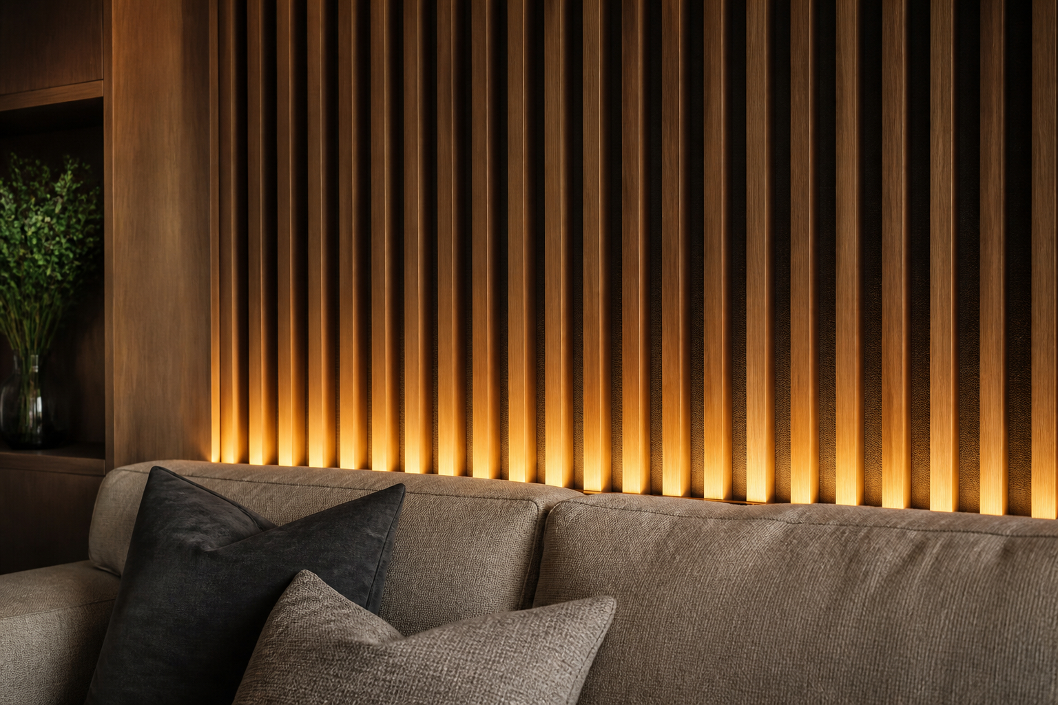 Akustikpaneele in Holzoptik hinter Sofa im Wohnzimmer