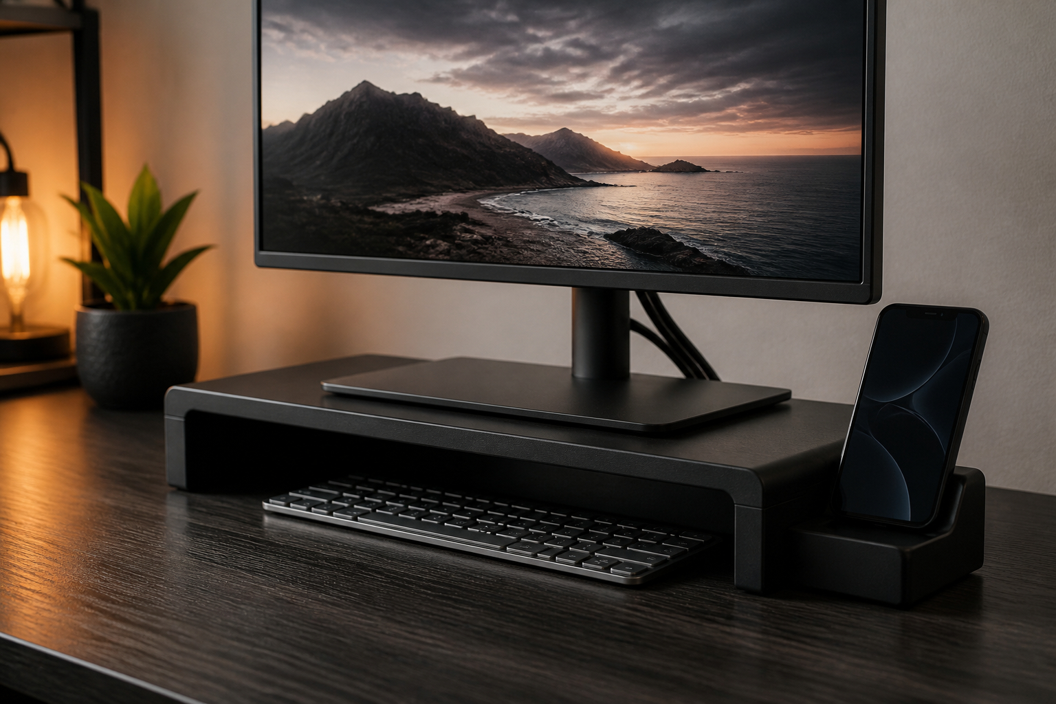 Monitorständer mit Tastaturablage und Kabelmanagement im Homeoffice