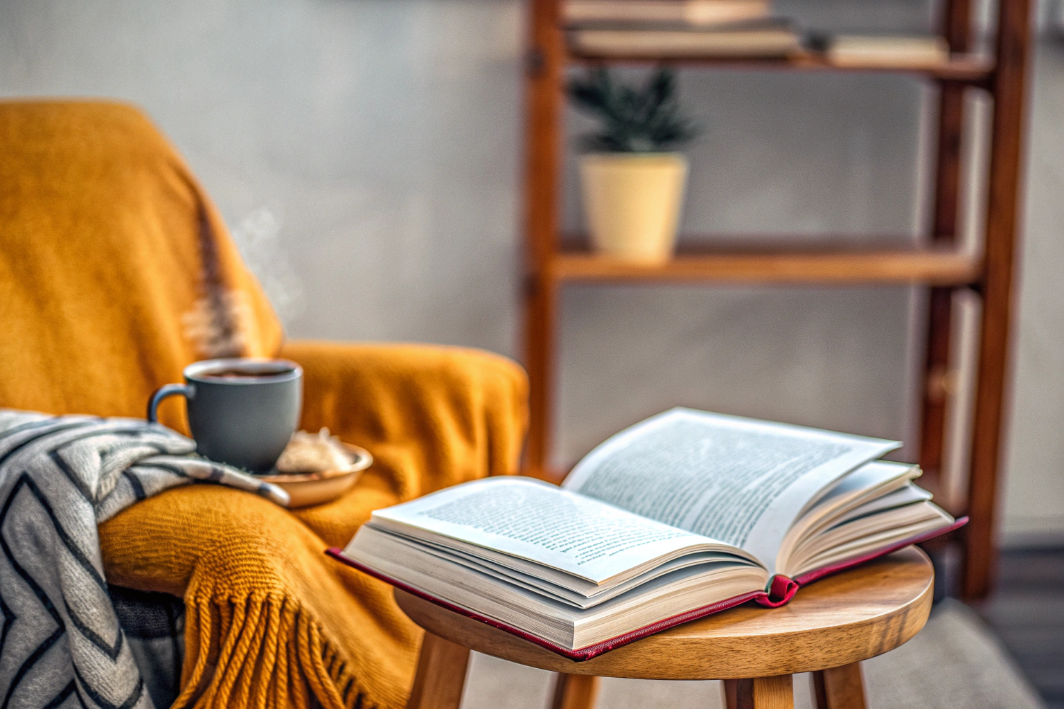 Gemütlicher Lesebereich mit Buch und Tee