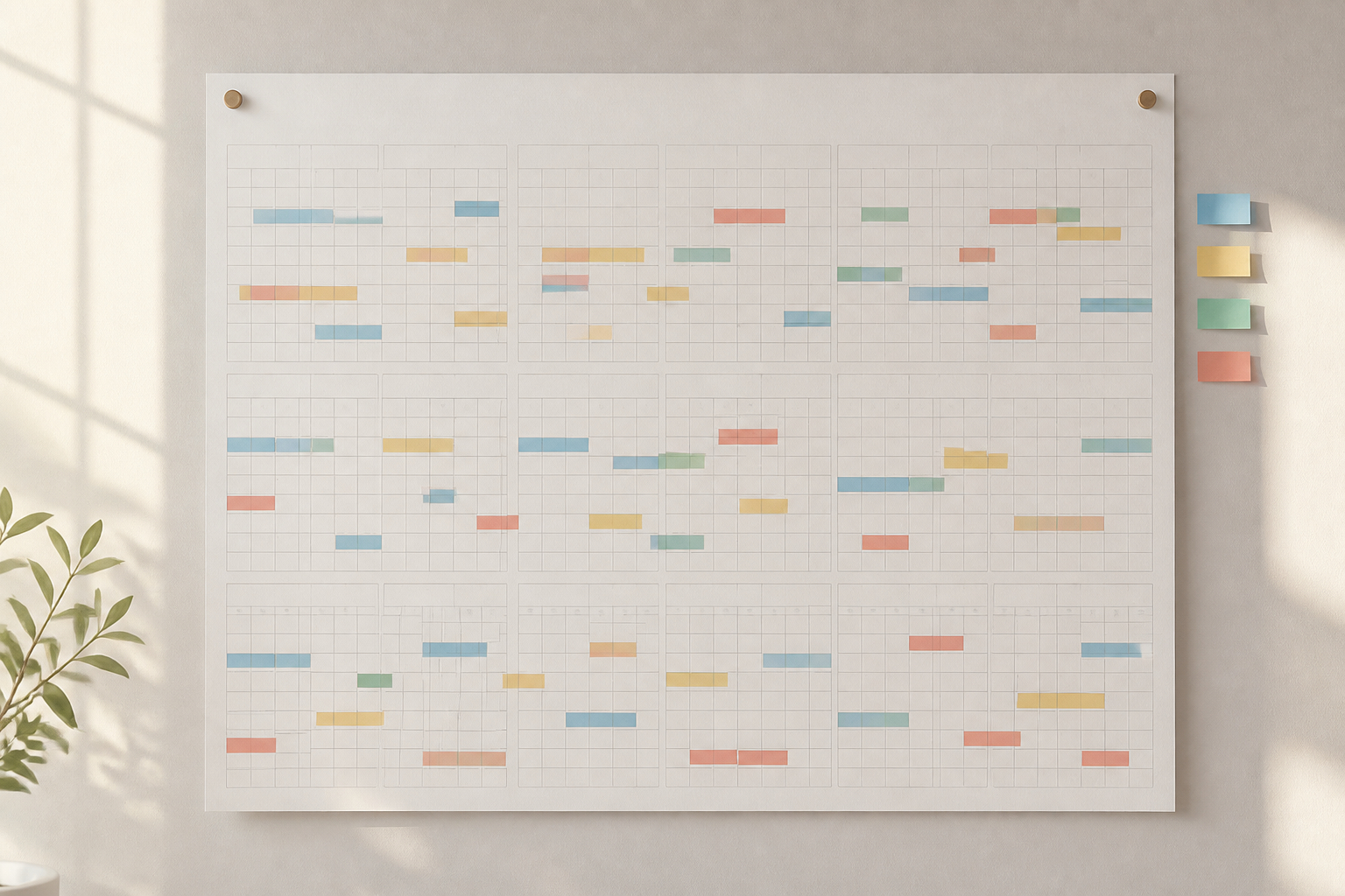 Großer Wandkalender mit farbigen Markierungen für Wochenplanung und Zuhause-Reset