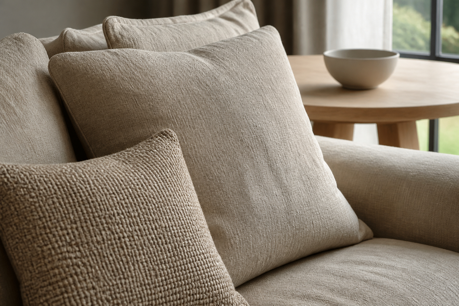Beige Leinenkissen auf modernem Sofa mit Holz und Keramik